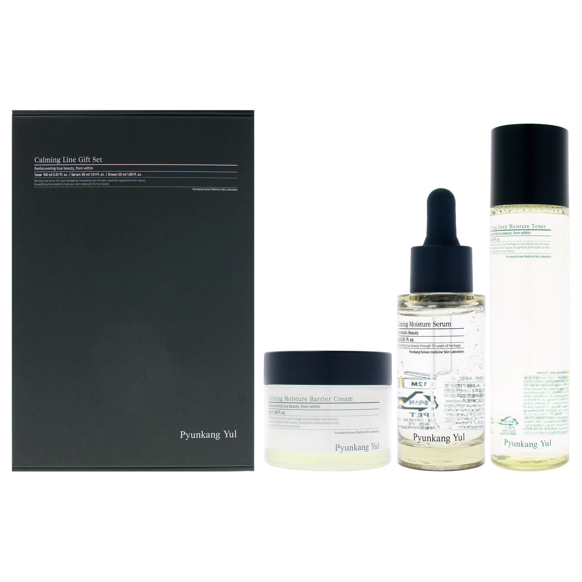 Calming Line by Pyunkang Yul for Unisex - 3 Pc 5.07oz Deep Moisture Toner, 1.01oz Moisture Serum, 1.69oz Moisture Barrier Cream
