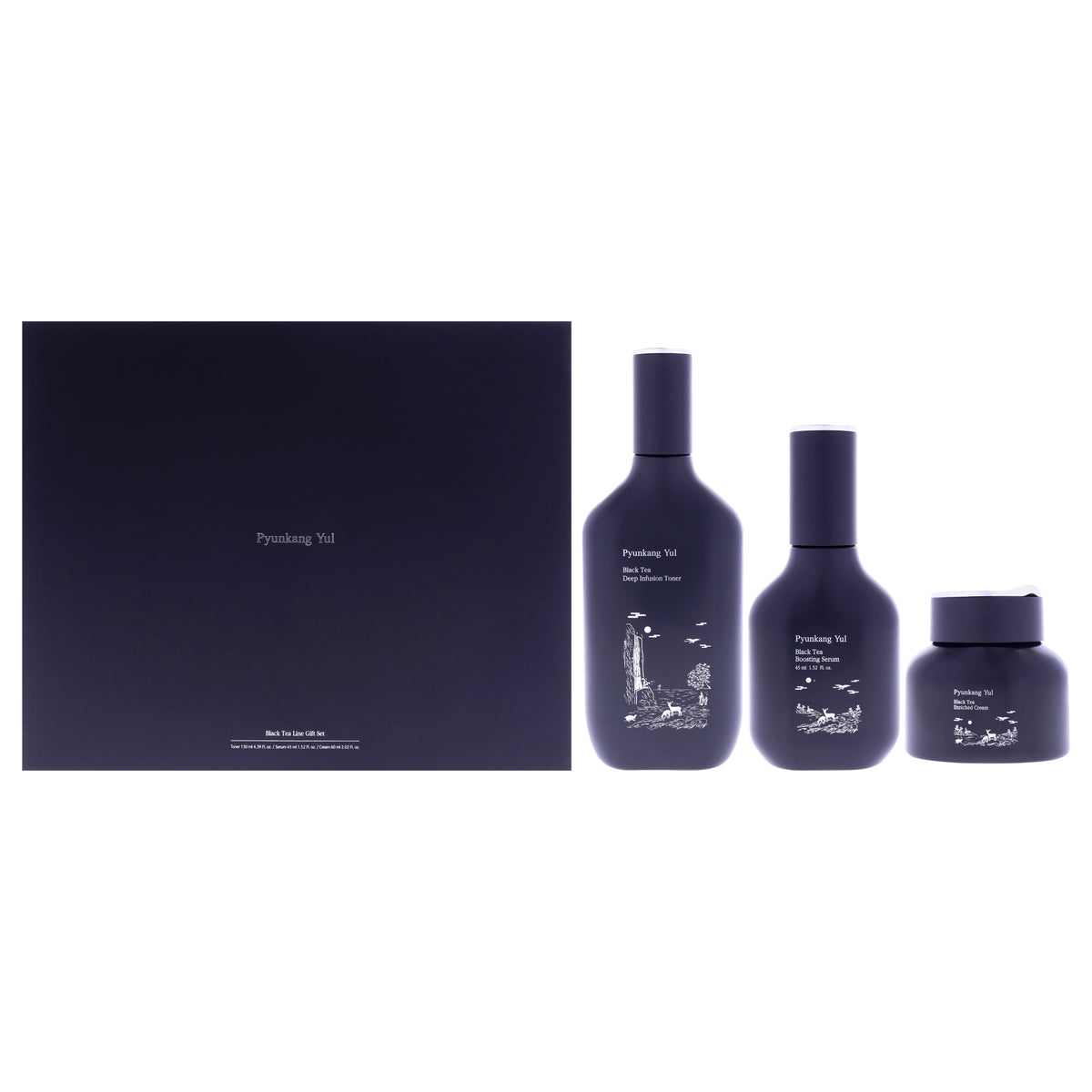 Black Tea Line by Pyunkang Yul for Unisex - 3 Pc 4.39oz Deep Infusion Toner, 1.52oz Boosting Serum, 2.02oz Enriched Cream
