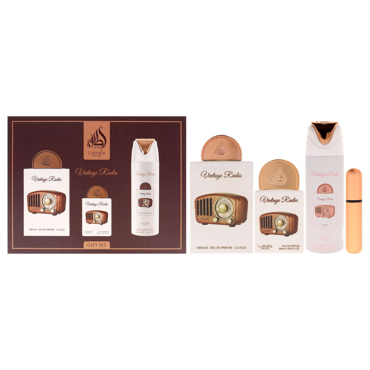 Pride - Vintage Radio by Lattafa for Unisex - 3 Pc Gift Set 3.4oz EDP Spray, 0.67oz EDP Spray, 6.67oz Perfumed Body Spray