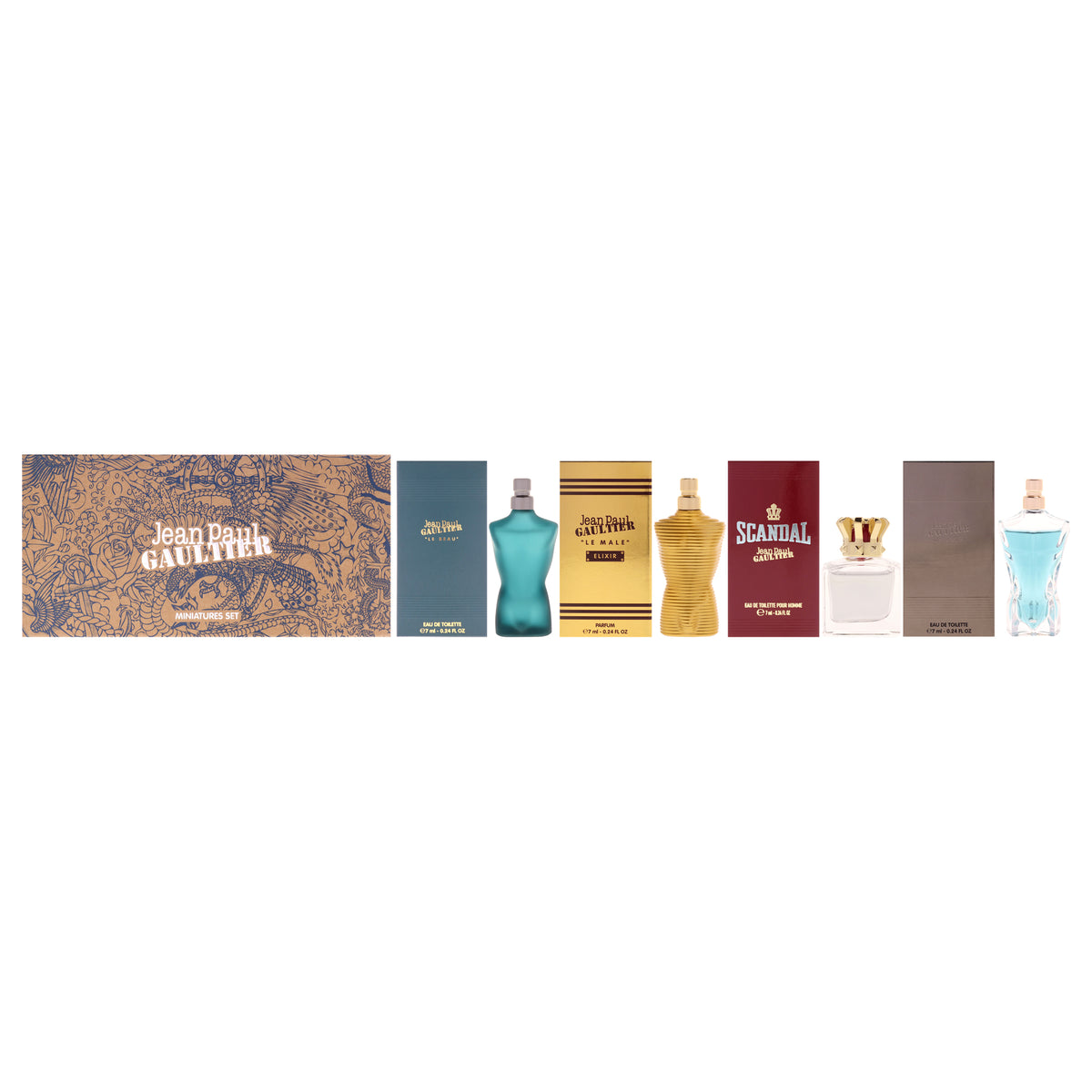 Miniatures Set by Jean Paul Gaultier for Men - 4 Pc Mini Gift Set 0.24oz Le Male EDT Spray, 0.24 Le Male Elixir EDP Spray, 0.24oz Scandal EDT Spray, 0.24oz Le Beau EDT Spray