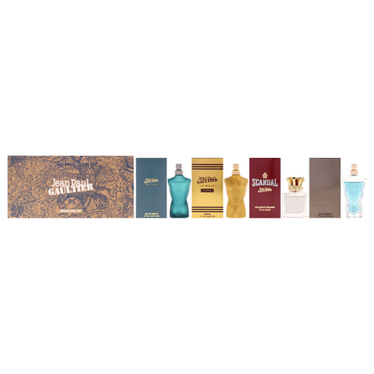 Miniatures Set by Jean Paul Gaultier for Men - 4 Pc Mini Gift Set 0.24oz Le Male EDT Spray, 0.24 Le Male Elixir EDP Spray, 0.24oz Scandal EDT Spray, 0.24oz Le Beau EDT Spray