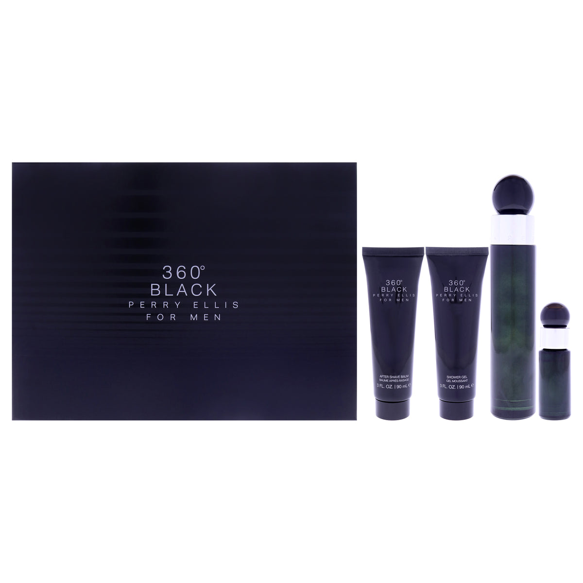 360 Black by Perry Ellis for Men - 4 Pc Gift Set 3.4oz EDT Spray, 0.25oz EDT Spray (Mini), 3oz Aftershave Balm, 3oz Shower Gel