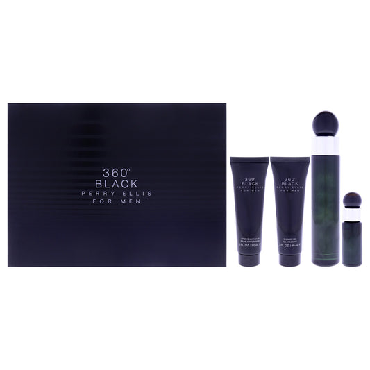360 Black by Perry Ellis for Men - 4 Pc Gift Set 3.4oz EDT Spray, 0.25oz EDT Spray (Mini), 3oz Aftershave Balm, 3oz Shower Gel