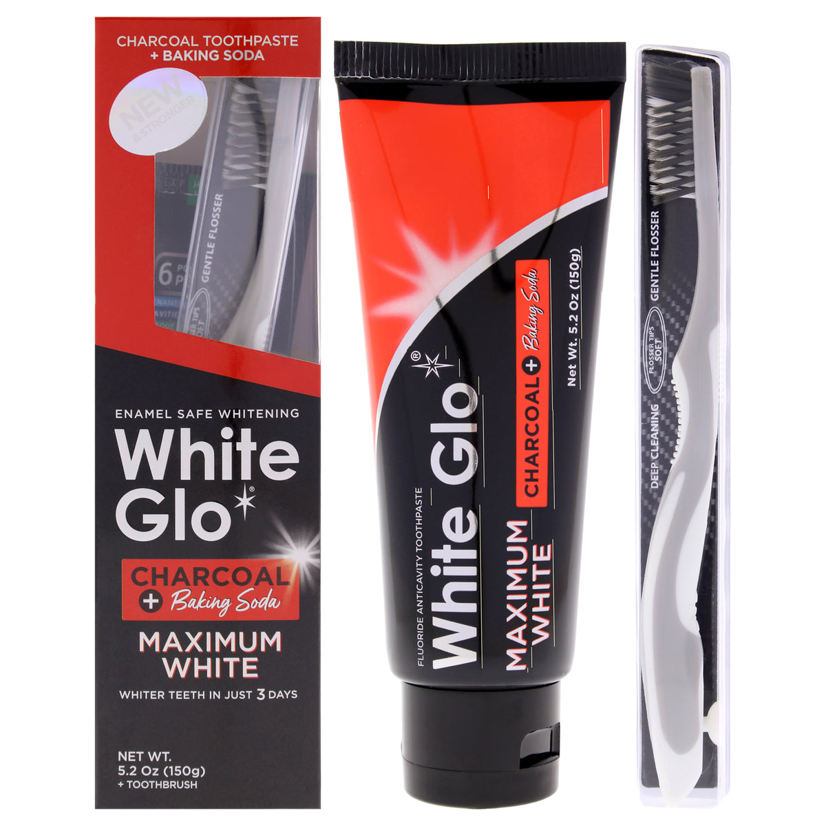 Charcoal Plus Baking Soda Maximum White by White Glo for Unisex - 2 Pc 5.2oz Toothpaste, Toothbrush