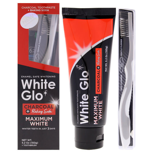 Charcoal Plus Baking Soda Maximum White by White Glo for Unisex - 2 Pc 5.2oz Toothpaste, Toothbrush