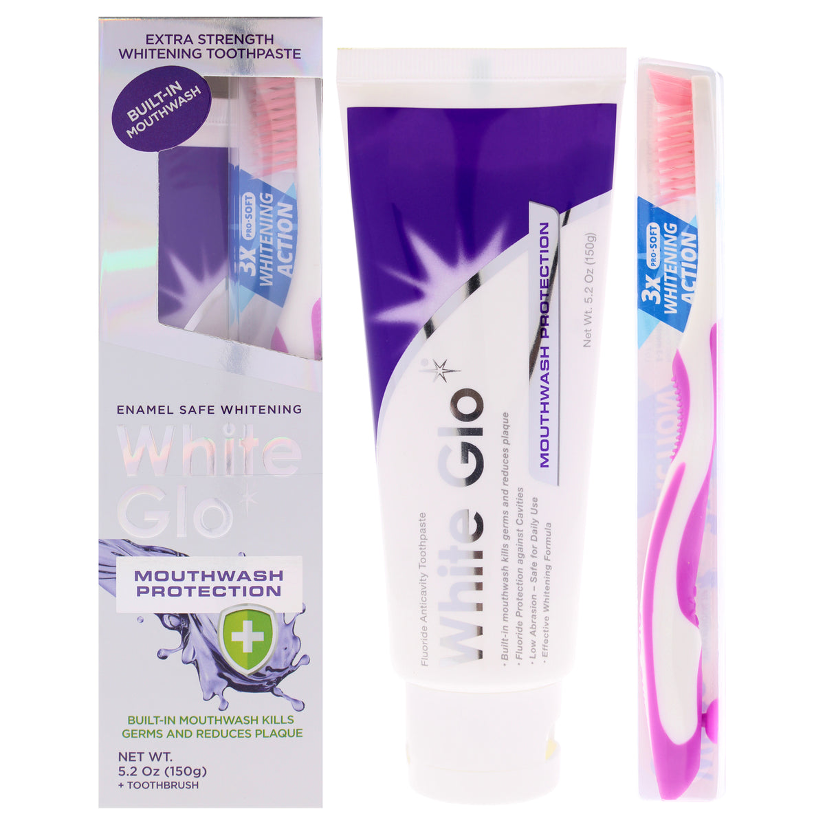 Mouthwash Protection by White Glo for Unisex - 2 Pc 5.2oz Toothpaste, Toothbrush