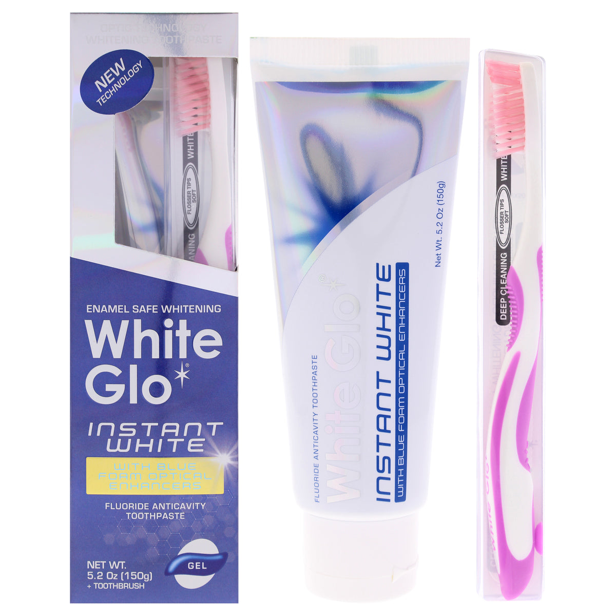 Instant White by White Glo for Unisex - 2 Pc 5.2oz Toothpaste, Toothbrush