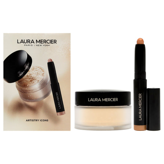 Mini Artistry Icons Set by Laura Mercier for Women - 2 Pc 0.33oz Translucent Loose Setting Powder - Translucent, 0.03oz Caviar Stick Eye Color - Rosegold