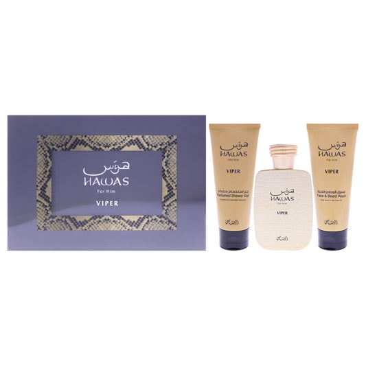Hawas Viper by Rasasi for Men - 3 Pc Gift Set 3.38oz EDP Spray, 3.38oz Face and Beard Wash, 3.38oz Shower Gel
