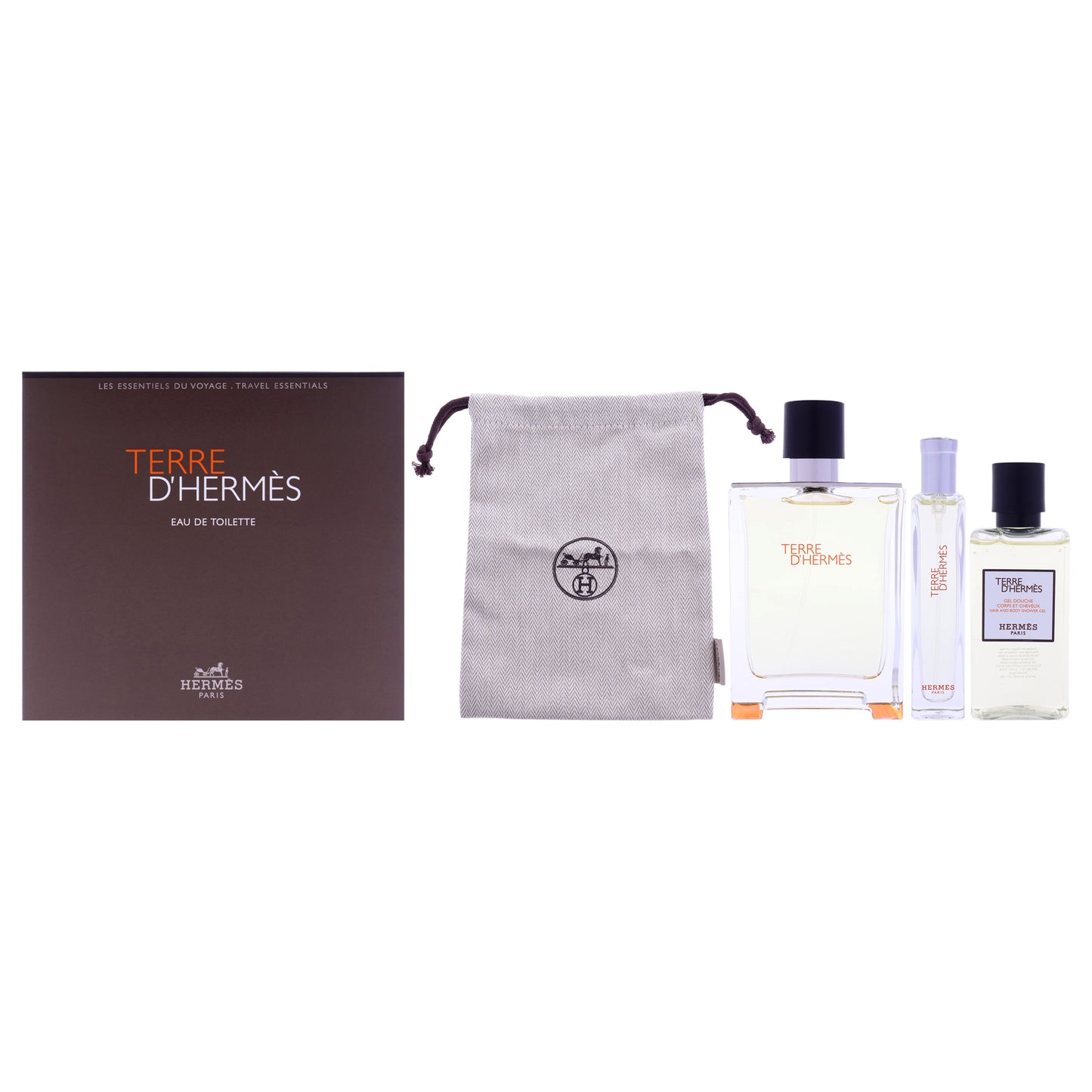 Terre DHermes by Hermes for Men - 4 Pc Gift Set 3.3oz EDT Spray, 0.5oz EDT Spray, 1.35oz Hair And Body Shower Gel, Pouch