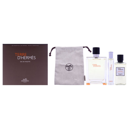 Terre DHermes by Hermes for Men - 4 Pc Gift Set 3.3oz EDT Spray, 0.5oz EDT Spray, 1.35oz Hair And Body Shower Gel, Pouch