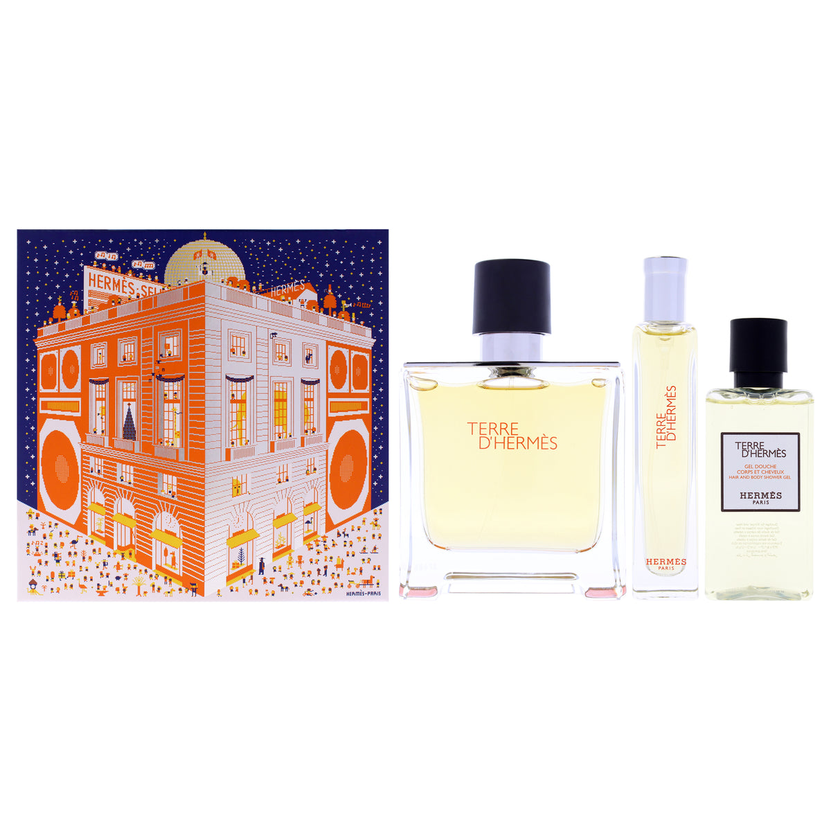 Terre Dhermes by Hermes for Men - 3 Pc Gift Set 2.5oz Parfum Spray, 0.5oz Parfum Spray, 1.35oz Hair and Body Shower Gel