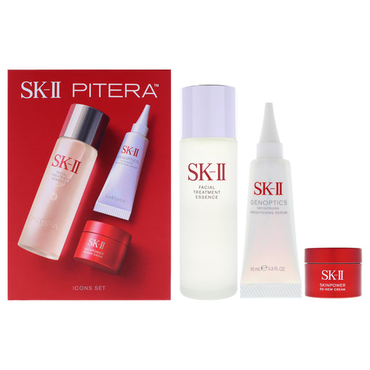 Pitera Icons Trial Set by SK-II for Unisex - 3 Pc 2.5oz Facial Treatment Essence, 0.5oz Skinpower Re-New Cream, 0.3oz Genoptics Infinitaura Brightening Serum