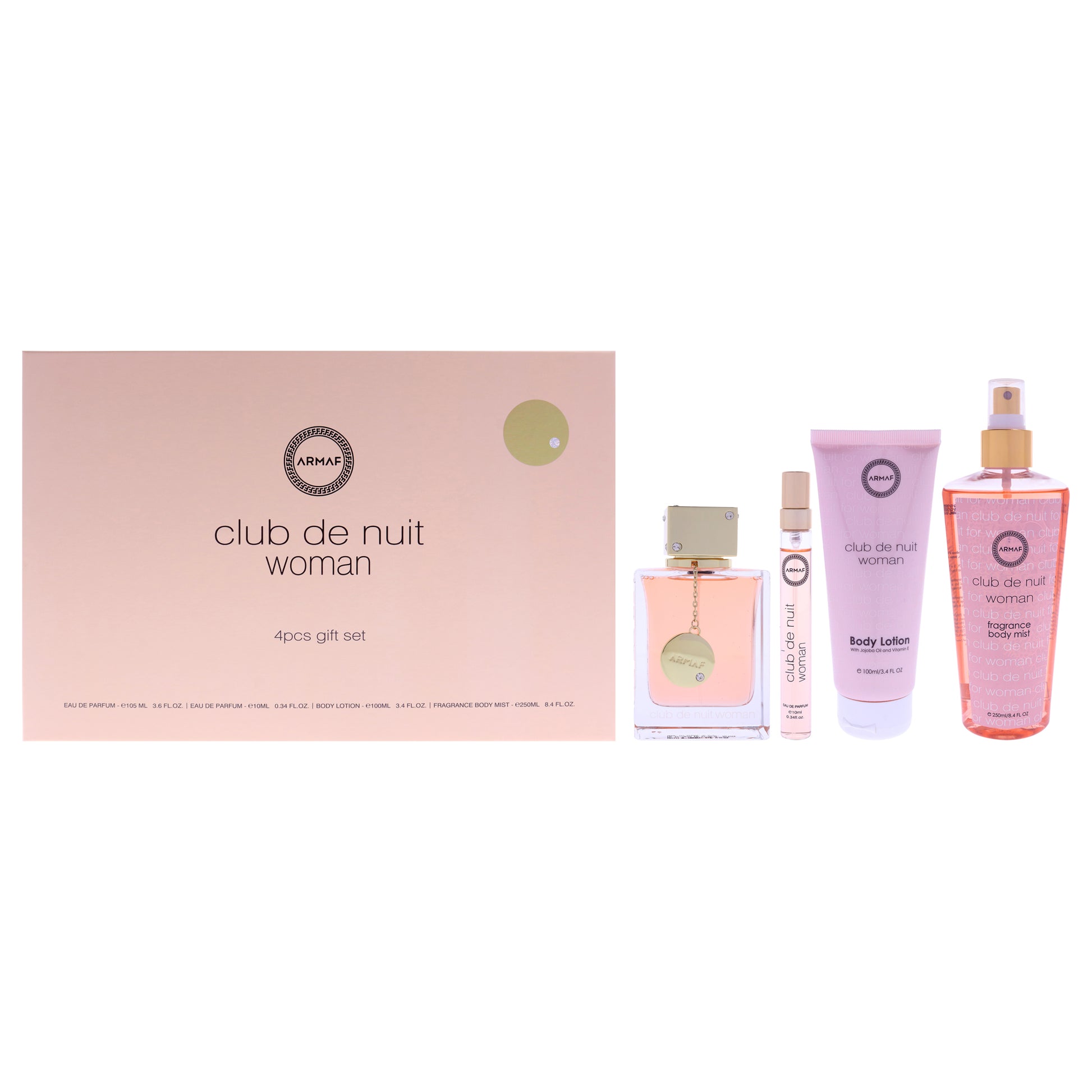 Club De Nuit by Armaf for Women - 4 Pc Gift Set 3.6oz EDP Spray, 0.34oz EDP Spray (Mini), 3.4oz Body Lotion, 8.4oz Body Mist