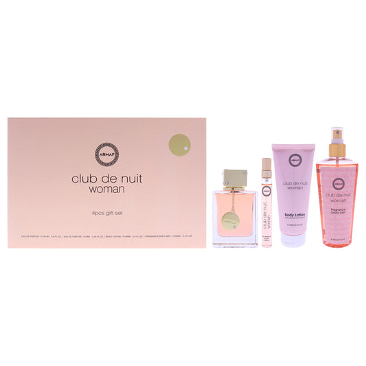 Club De Nuit by Armaf for Women - 4 Pc Gift Set 3.6oz EDP Spray, 0.34oz EDP Spray (Mini), 3.4oz Body Lotion, 8.4oz Body Mist