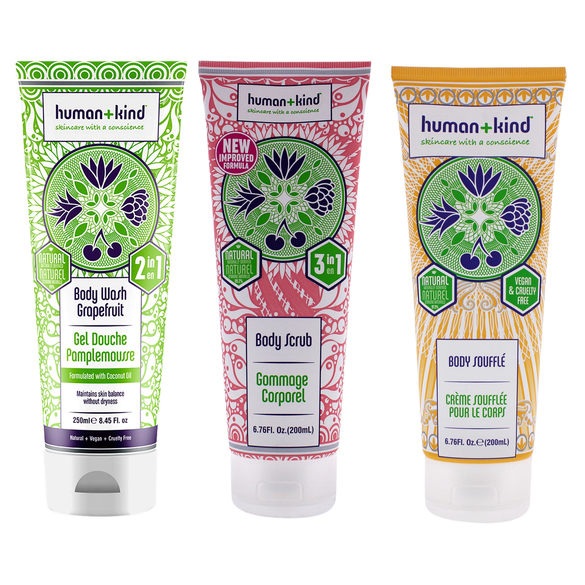 Body Wash - Grapefruit and Scrub and Souffle Cream Kit by Human+Kind for Unisex - 3 Pc Kit 8.45 oz Body Wash , 6.76 oz Scrub, 6.76 oz Body Cream