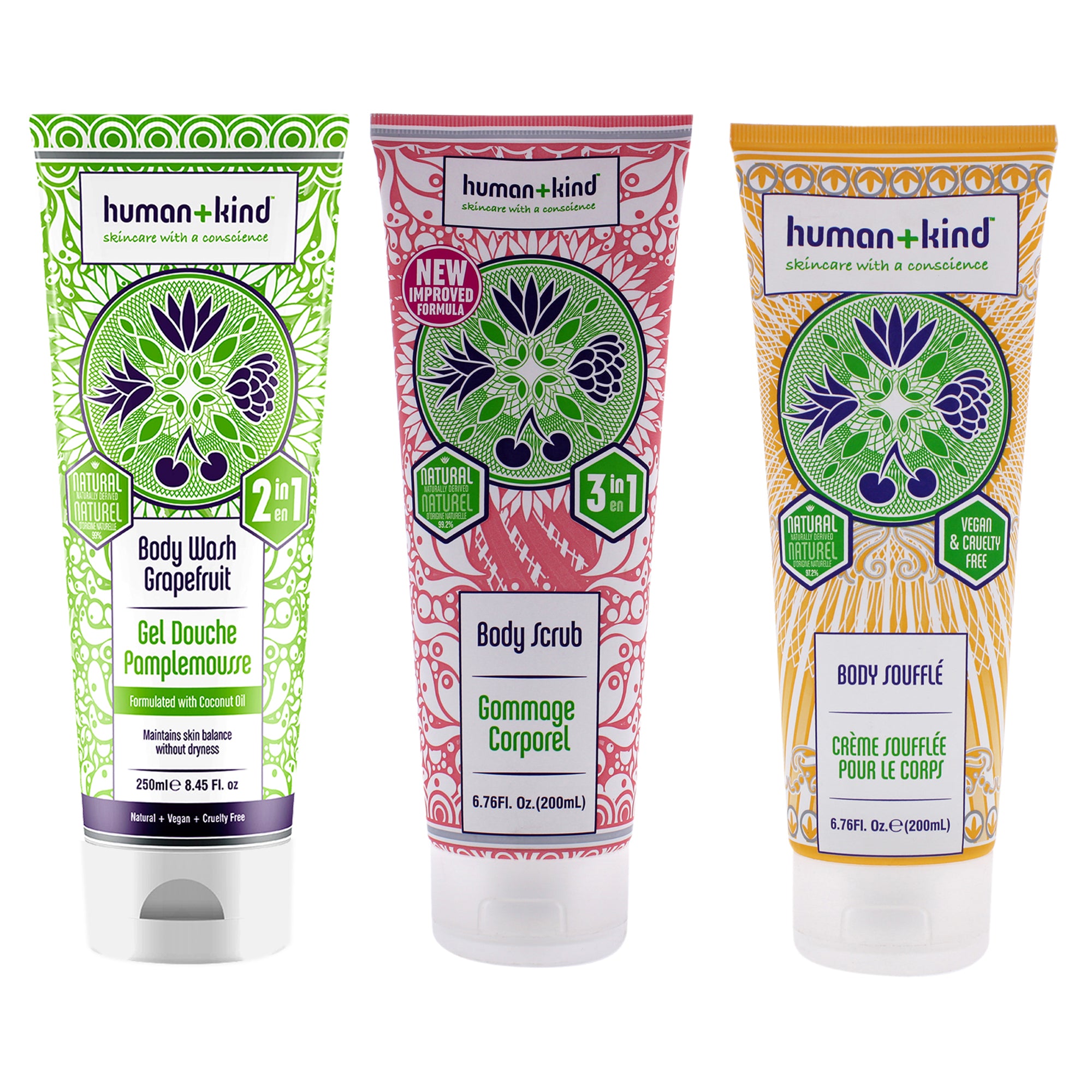 Body Wash - Grapefruit and Scrub and Souffle Cream Kit by Human+Kind for Unisex - 3 Pc Kit 8.45 oz Body Wash , 6.76 oz Scrub, 6.76 oz Body Cream