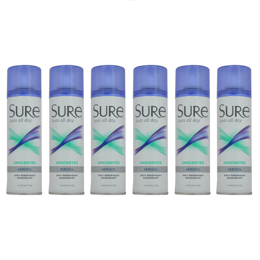 Aerosol Unscented Anti-Perspirant and Deodorant by Sure for Unisex - 6 oz Deodorant Spray - Pack of 6