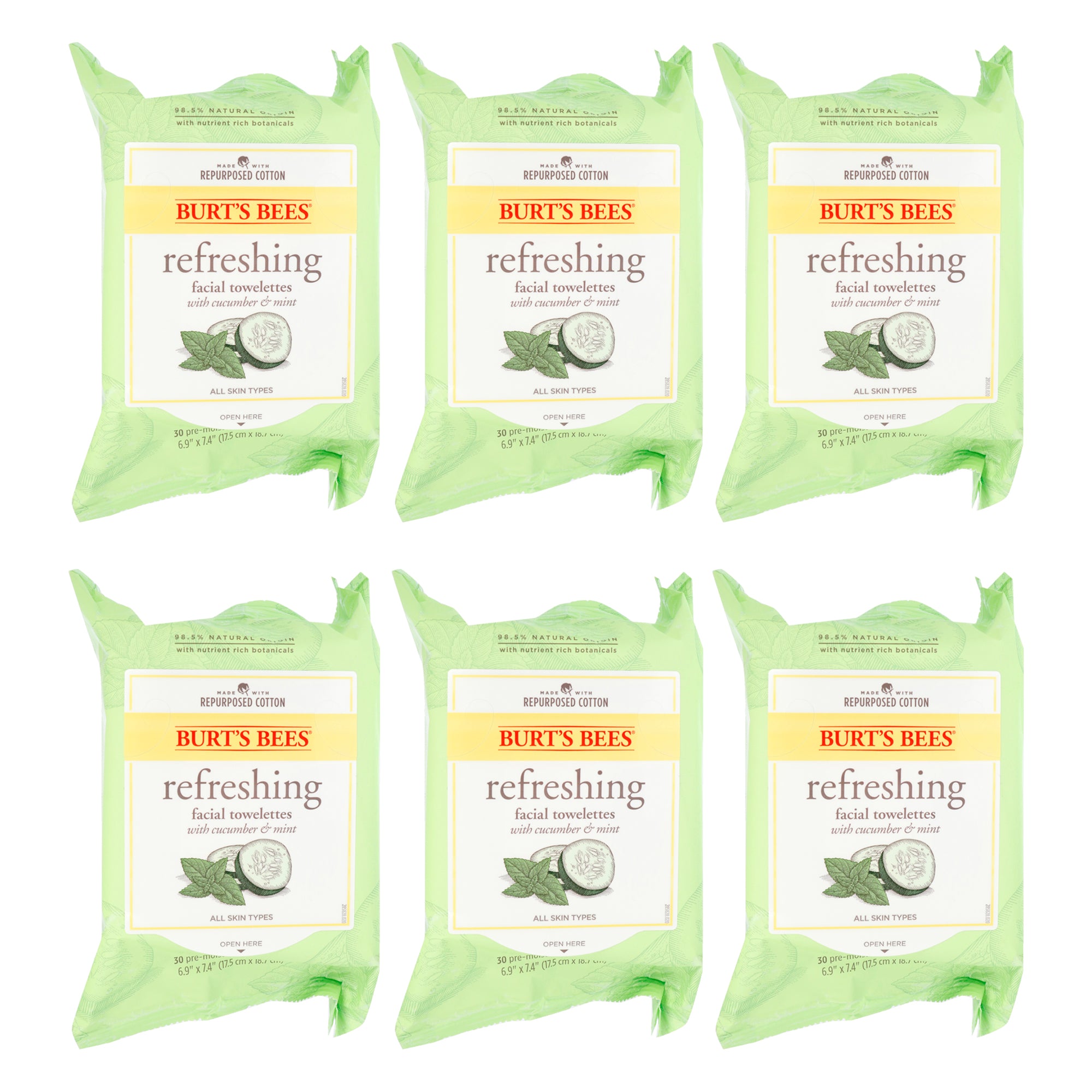 Facial Cleansing Towelettes - Cucumber and Sage by Burts Bees for Unisex - 30 Count Towelettes - Pack of 6