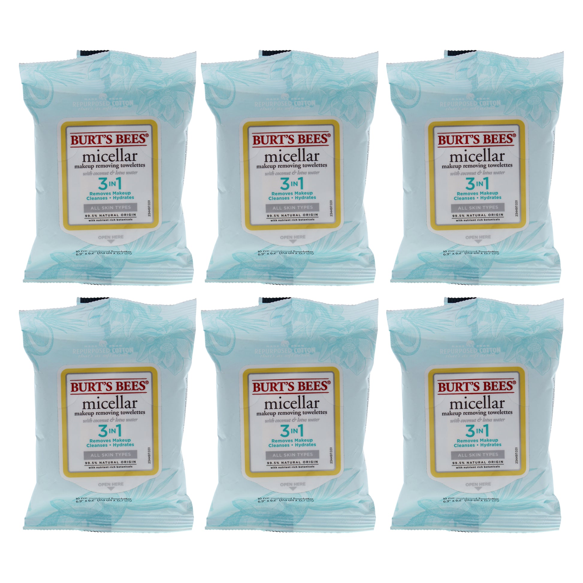Micellar Makeup Removing Towelettes - Coconut and Lotus Water by Burts Bees for Women - 10 Count Towelettes - Pack of 6