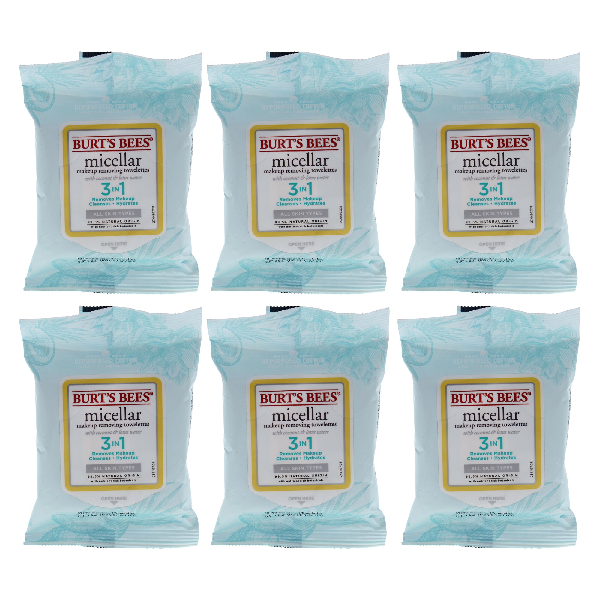 Micellar Makeup Removing Towelettes - Coconut and Lotus Water by Burts Bees for Women - 10 Count Towelettes - Pack of 6