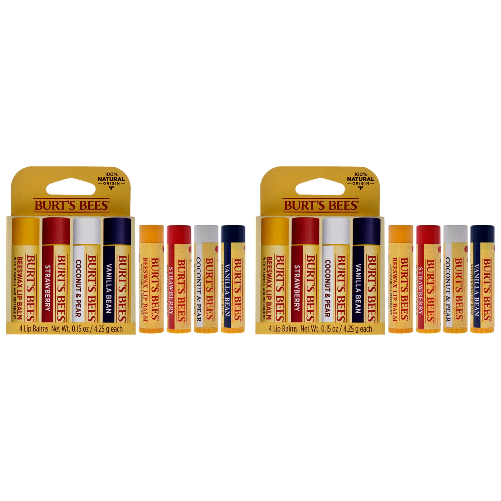 Best Of Burts Moisturizing Lip Balm Set by Burts Bees for Unisex - 4 x 0.15 oz Lip Balm Beeswax, Strawberry, Coconut and Pear, Vanilla Bean - Pack of 2