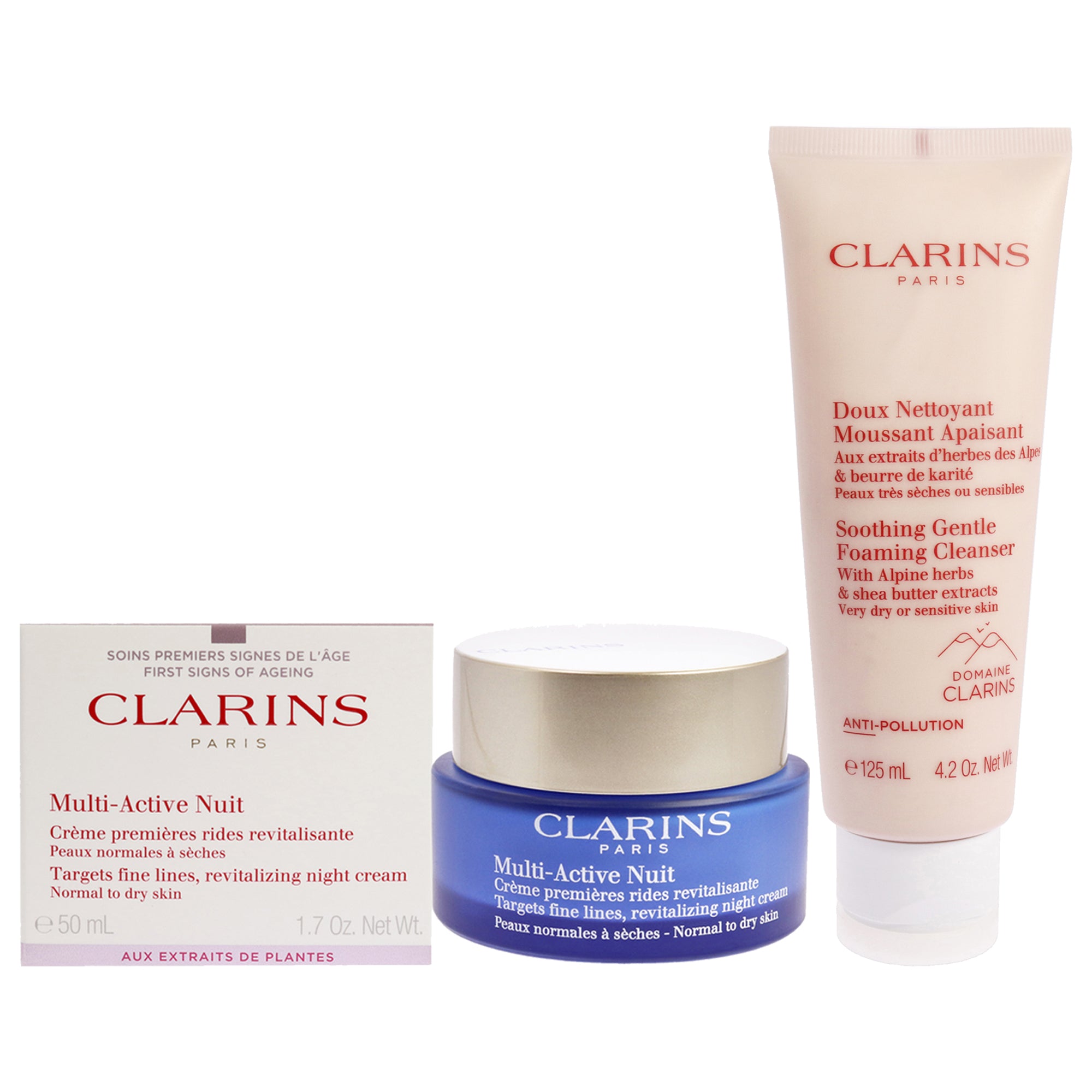 Multi-Active Night Cream - Normal to Dry Skin and Soothing Gentle Foaming Cleanser Kit by Clarins for Unisex - 2 Pc Kit 1.7oz Cream, 4.2oz Cleanser