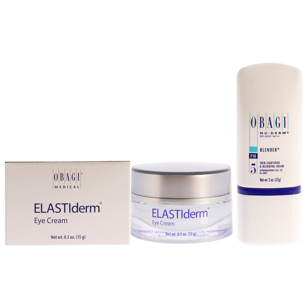 Elastiderm Eye Cream and Obagi Nu-Derm Blend Fx Kit by Obagi for Women - 2 Pc Kit 0.5oz Treatment, 2oz Cream