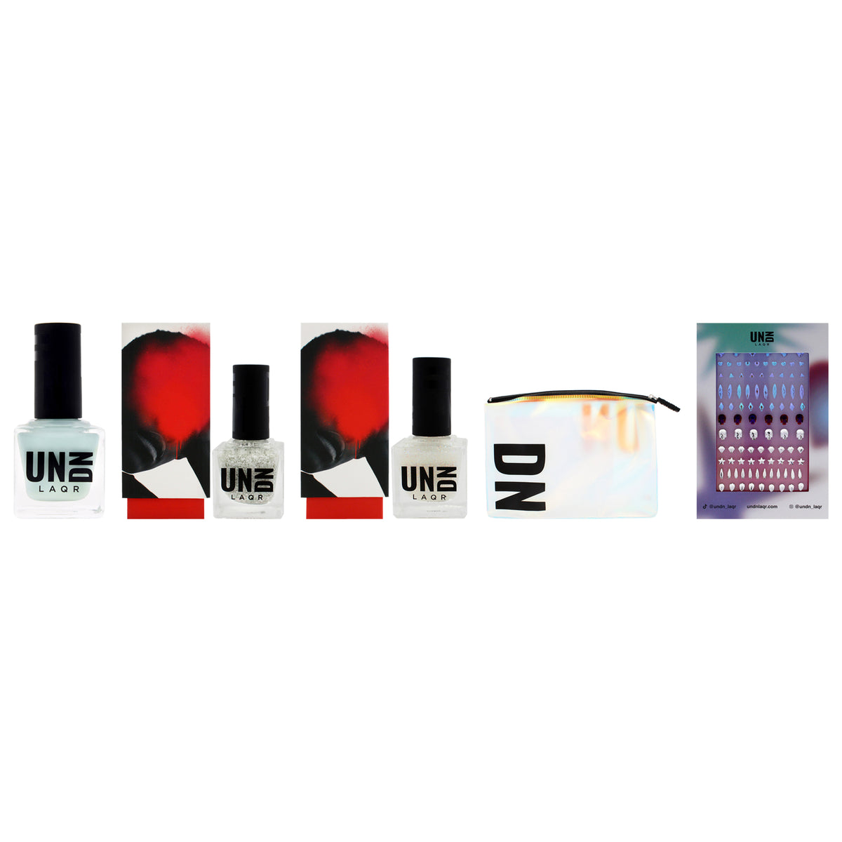 Wonderland Kit by UNDN for Women - 5 Pc Kit 0.5oz Vegan Nail Polish - 207 Cosmic Glitter, 0.5oz Vegan Nail Polish - 901 Blue, 0.5oz Vegan Nail Polish - 0203 Pink-Blue Splatter, 1Pc Nail Gems, 1Pc Iridescent Pouch