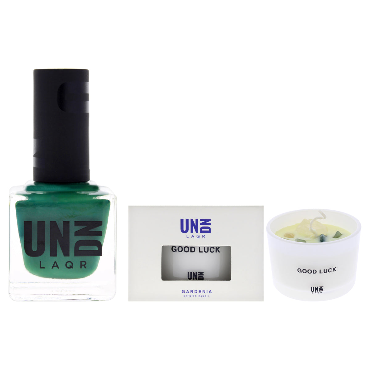 Light It Up Kit by UNDN for Women - 2 Pc Kit 0.5oz Vegan Nail Polish - 801 Green, 1Pc Scented Candle - Gardenia