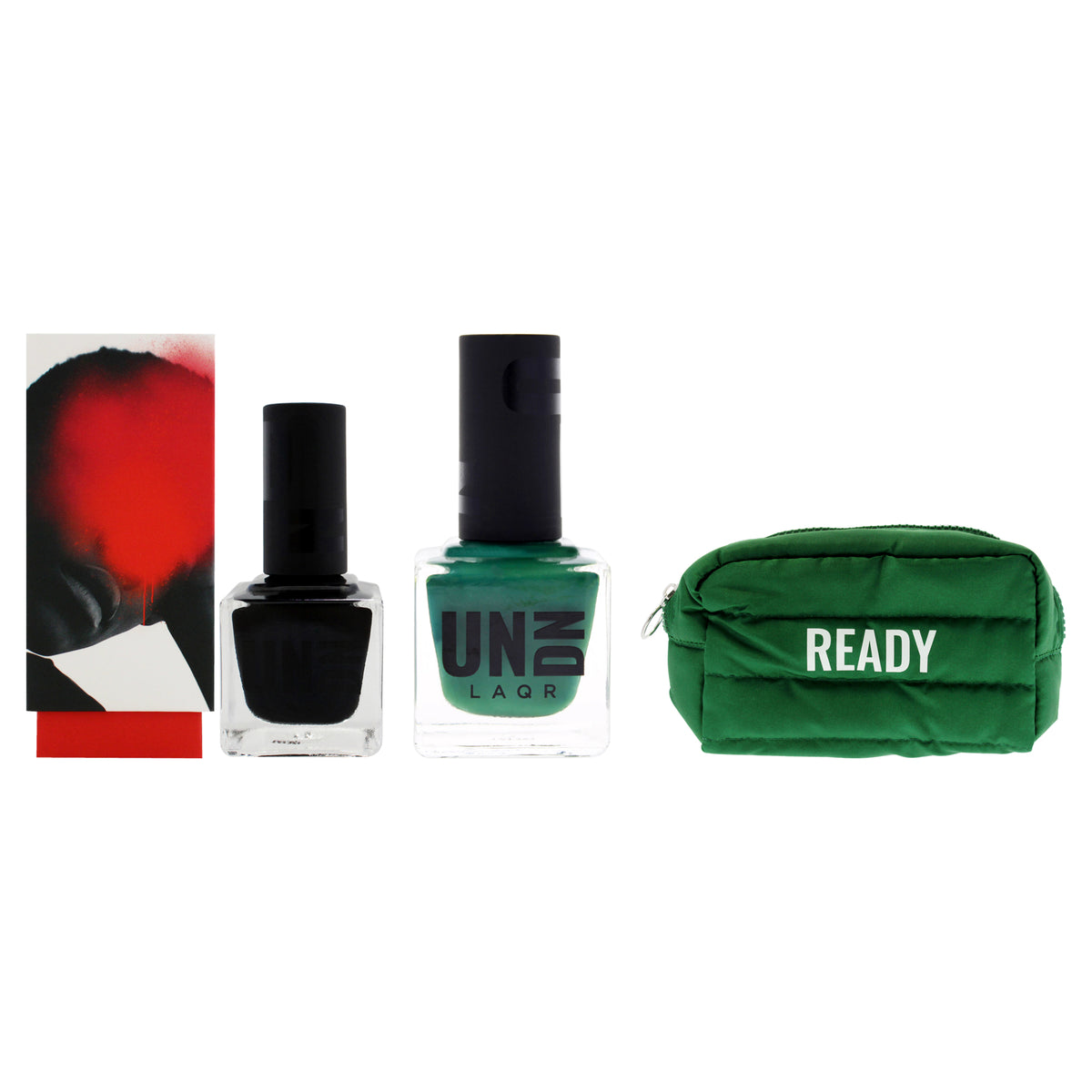 Ready To Go Kit by UNDN for Women - 3 Pc Kit 0.5oz Vegan Nail Polish - 801 Green, 0.5oz Vegan Nail Polish -101 Black, 1 Pc Puffer Pouch - Green