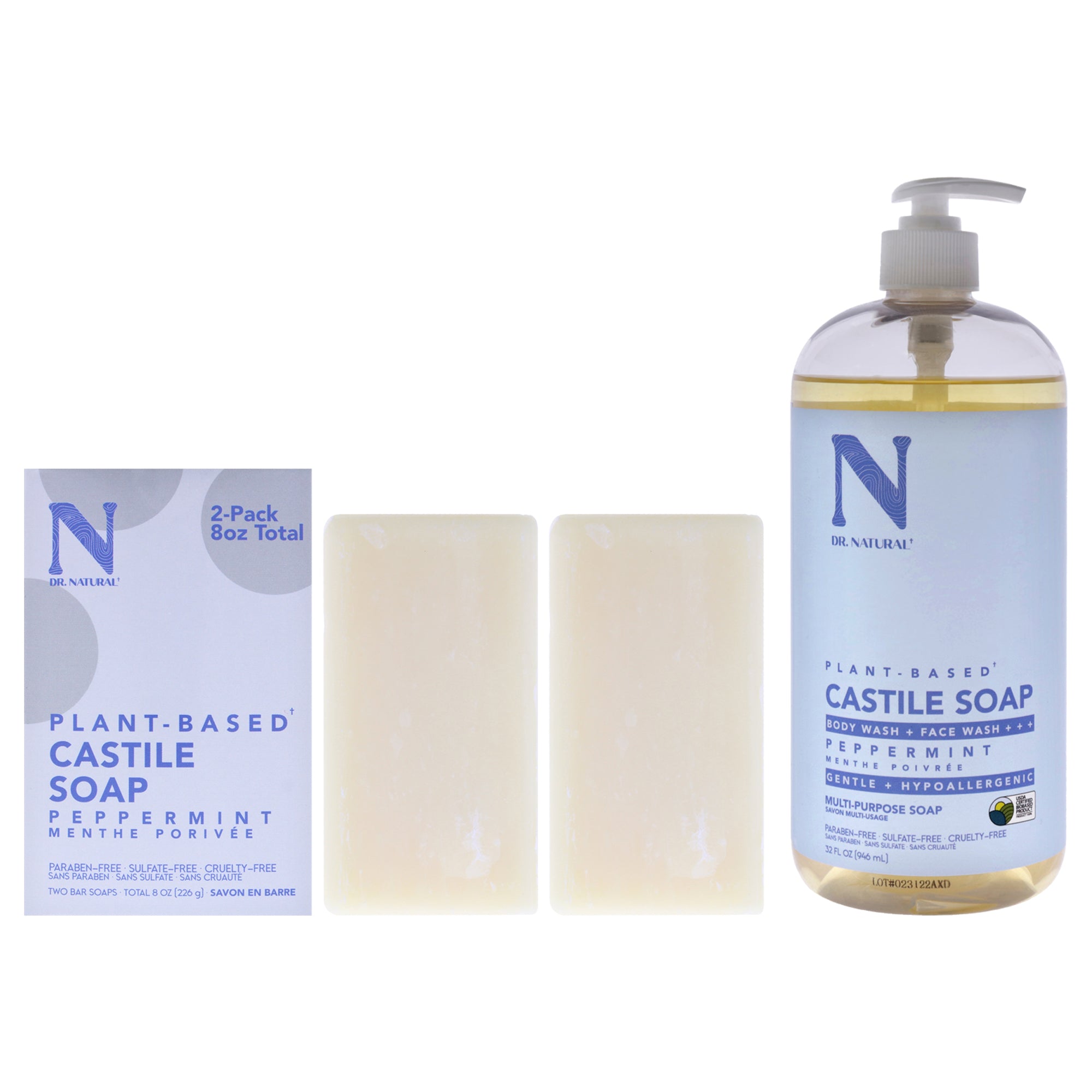 Freshness01 Kit by Dr. Natural for Unisex - 3 Pc Kit 2 x 30oz Castile Liquid Soap - Peppermint, 2 x 8oz Castile Bar Soap - Peppermint