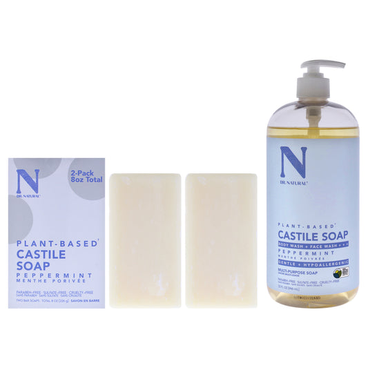 Freshness01 Kit by Dr. Natural for Unisex - 3 Pc Kit 2 x 30oz Castile Liquid Soap - Peppermint, 2 x 8oz Castile Bar Soap - Peppermint