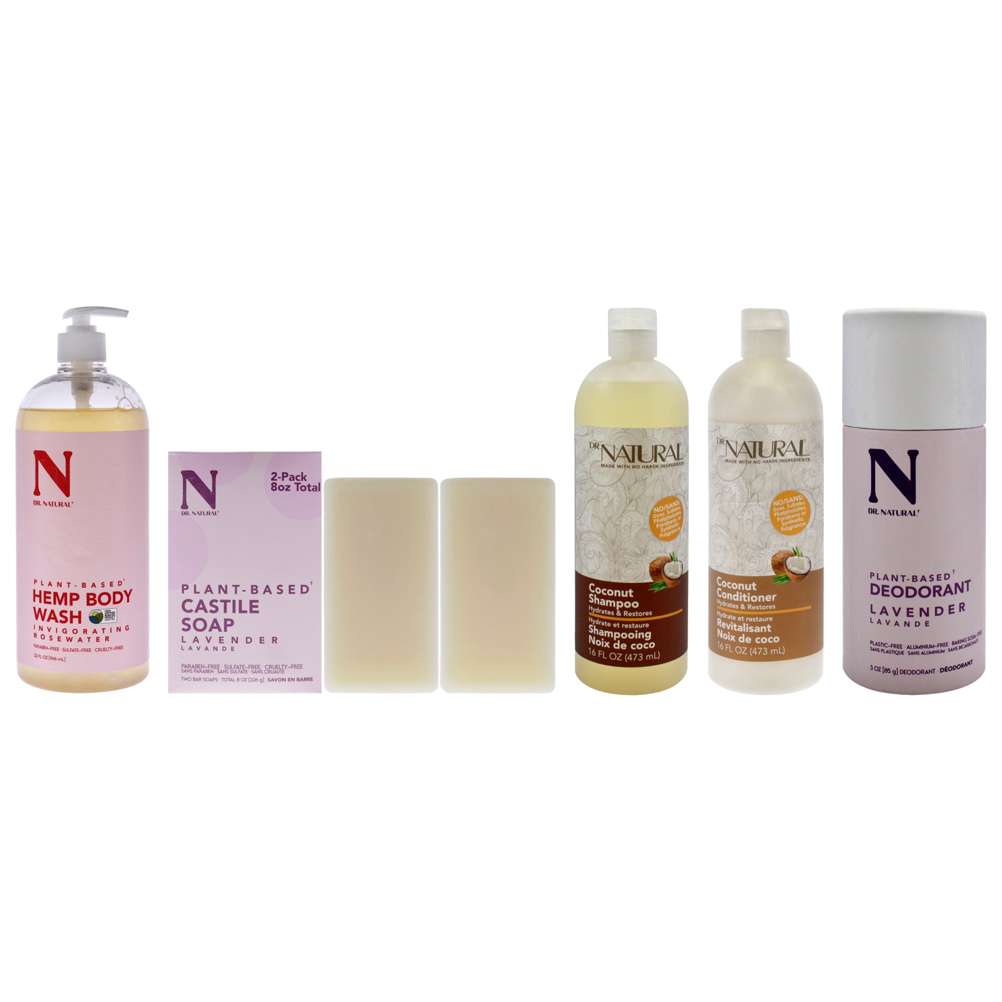 Shower01 Kit by Dr. Natural for Unisex - 5 Pc Kit 32oz Body Wash - Hemp with Lavender, 3oz Deodorants Stick - Lavender, 2 x 8oz Castile Bar Soap - Lavender, 16oz Intense Hydration Shampoo - Coconut, 16oz Hydrates and Restores Conditioner - Coconut