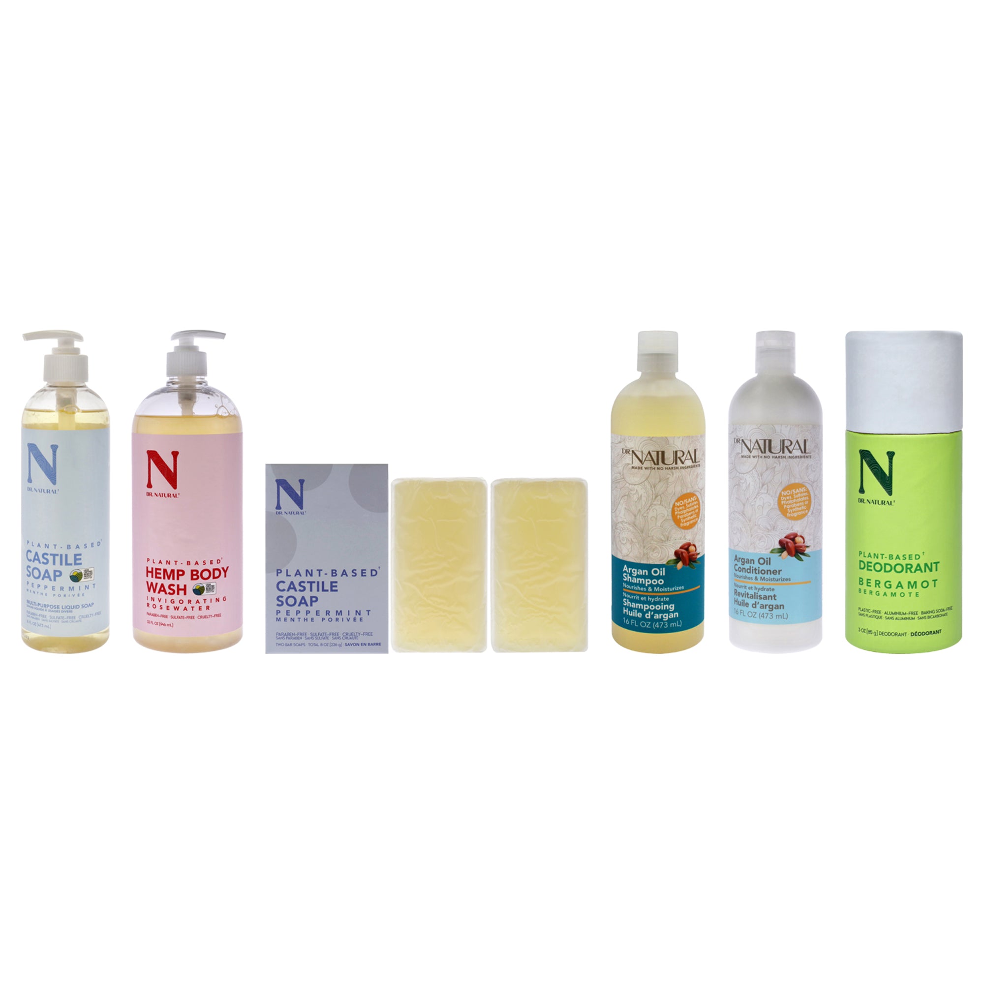 The Dr. Natural Experience by Dr. Natural for Unisex - 6 Pc Kit 32oz Body Wash - Hemp with Rose, 32oz Castile Liquid Soap - Peppermint, 16oz Nourishing Shampoo - Argan Oil, 16oz Nourishing Conditioner - Argan Oil, 3oz Deodorants Stick - Bergamot, 2 x 8oz Castile Bar Soap - Peppermint
