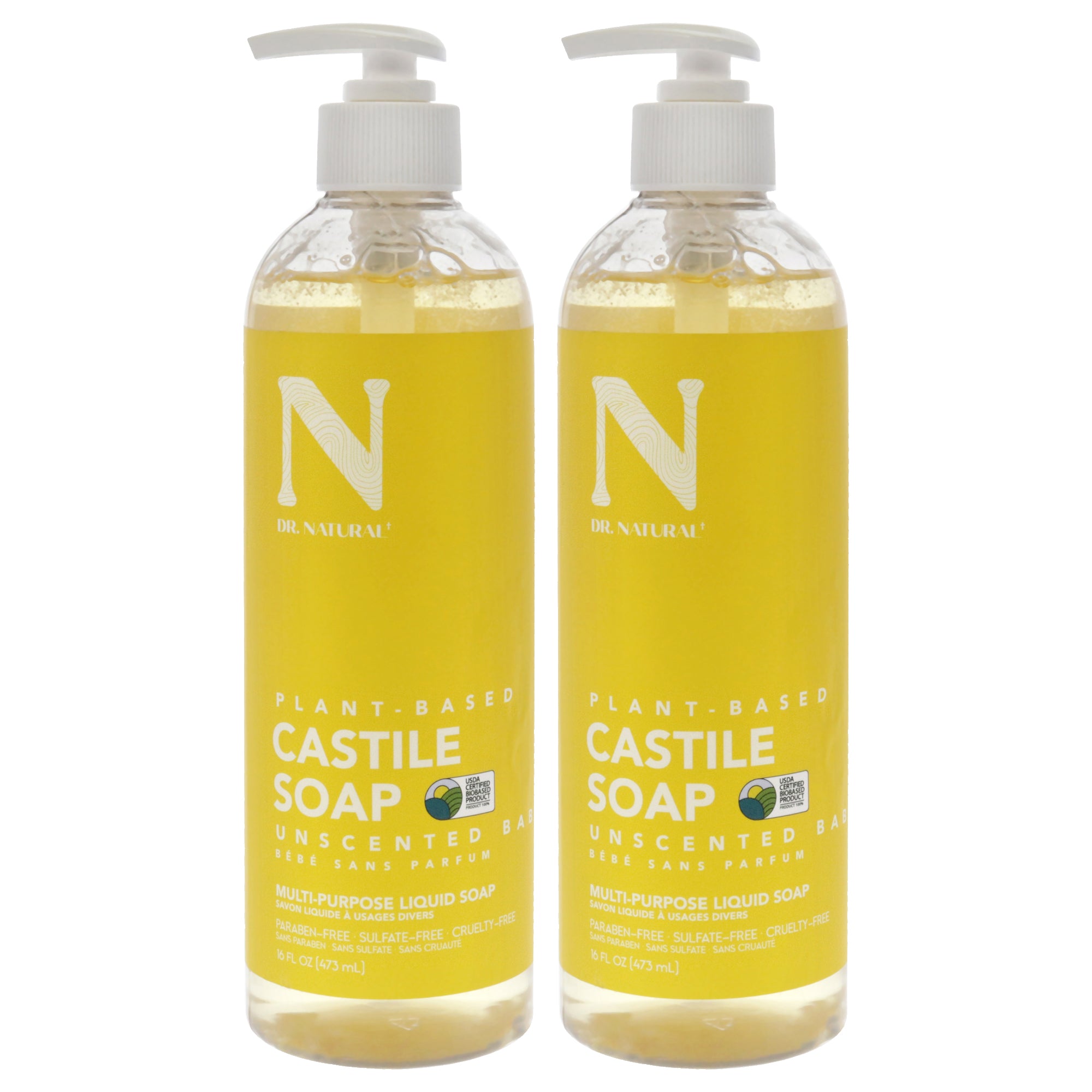 Castile Liquid Soap - Unscented Baby by Dr. Natural for Unisex - 16 oz Soap - Pack of 2