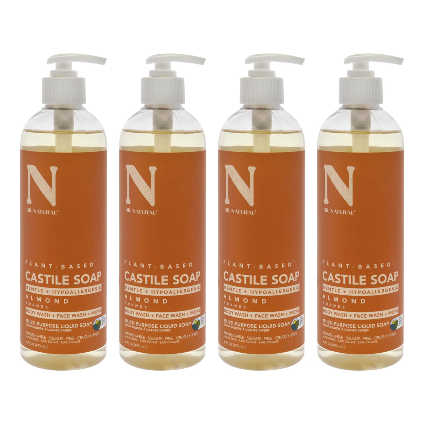 Castile Liquid Soap - Almond by Dr. Natural for Unisex - 16 oz Soap - Pack of 4