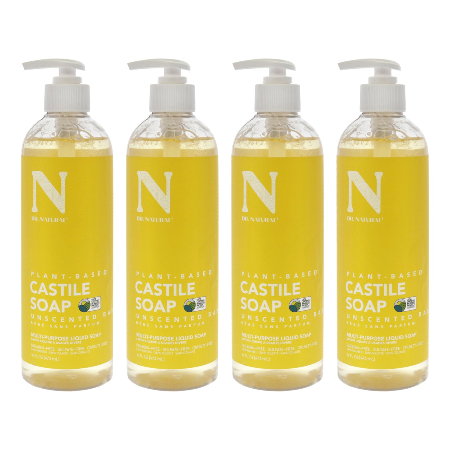 Castile Liquid Soap - Unscented Baby by Dr. Natural for Unisex - 16 oz Soap - Pack of 4