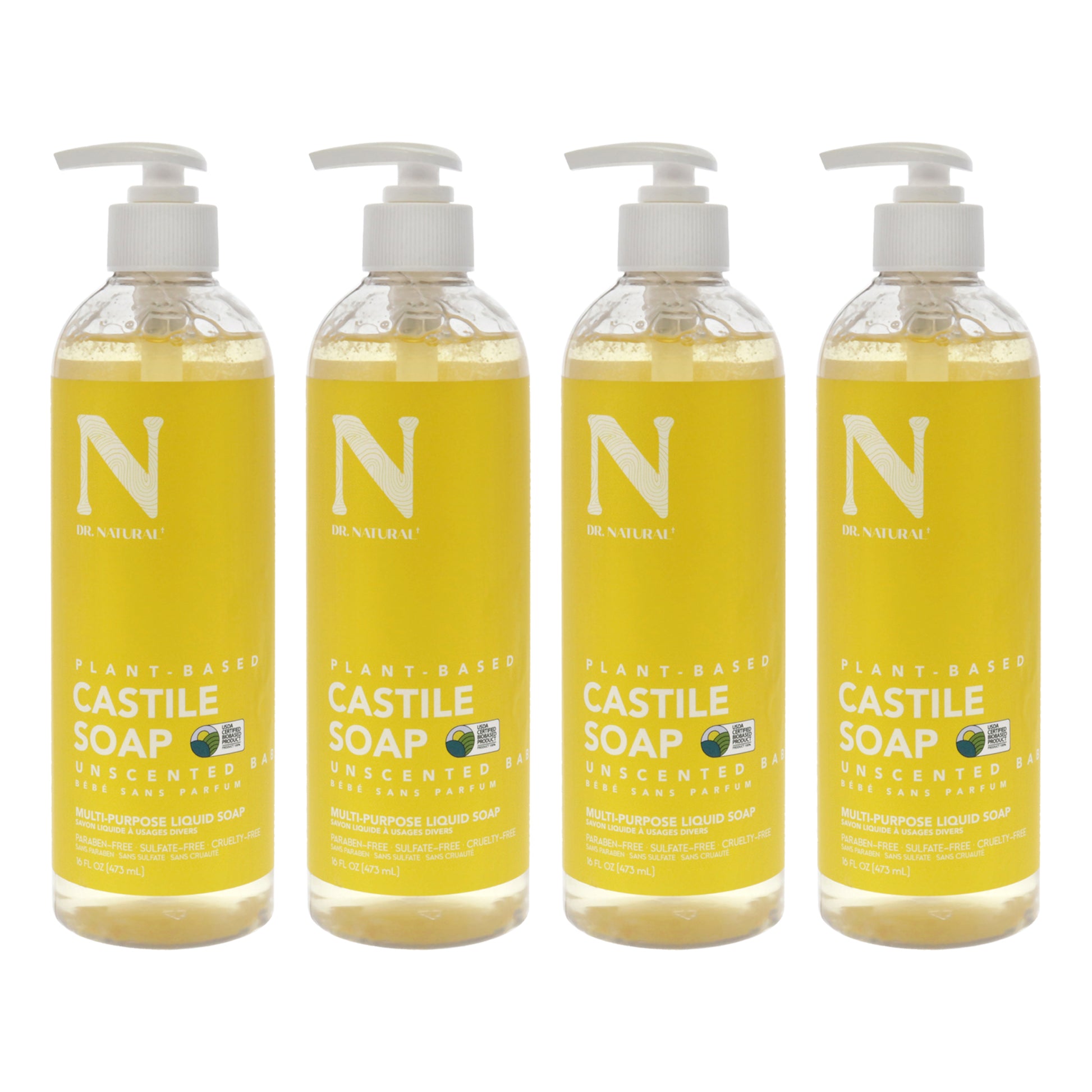 Castile Liquid Soap - Unscented Baby by Dr. Natural for Unisex - 16 oz Soap - Pack of 4