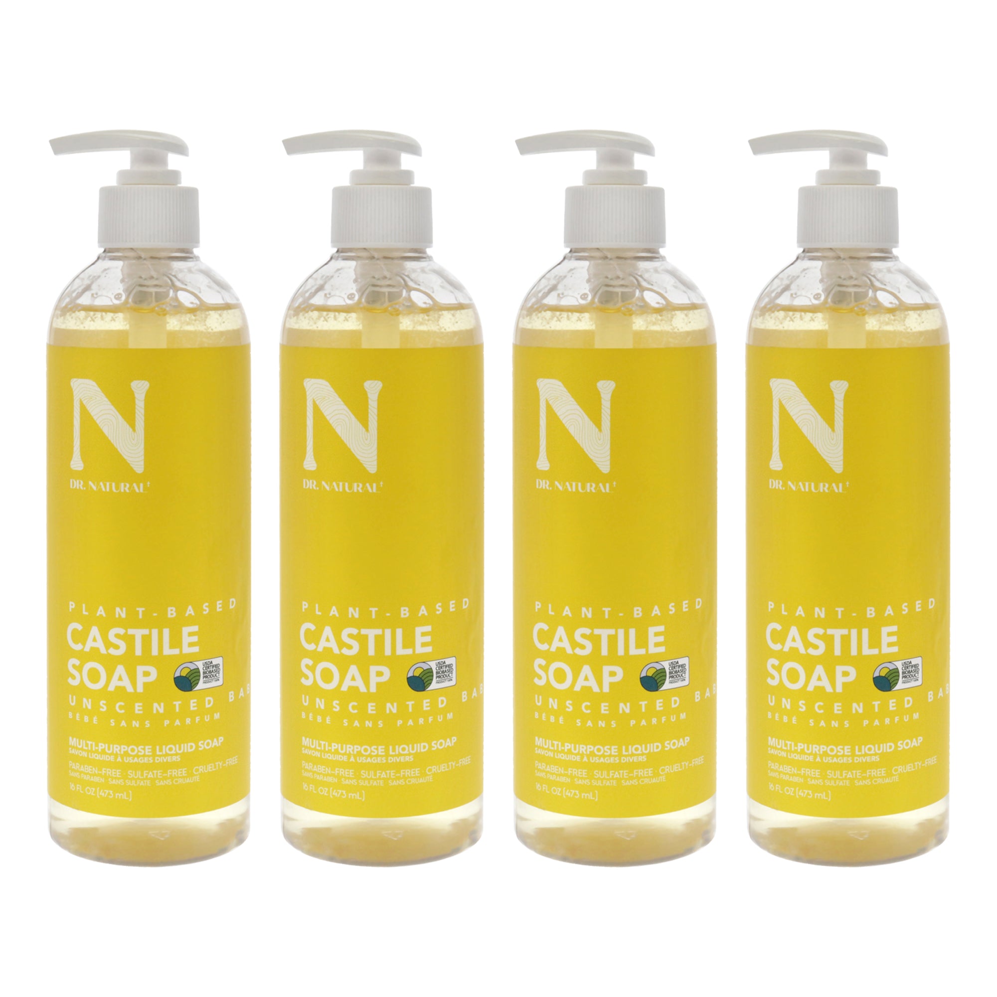 Castile Liquid Soap - Unscented Baby by Dr. Natural for Unisex - 16 oz Soap - Pack of 4