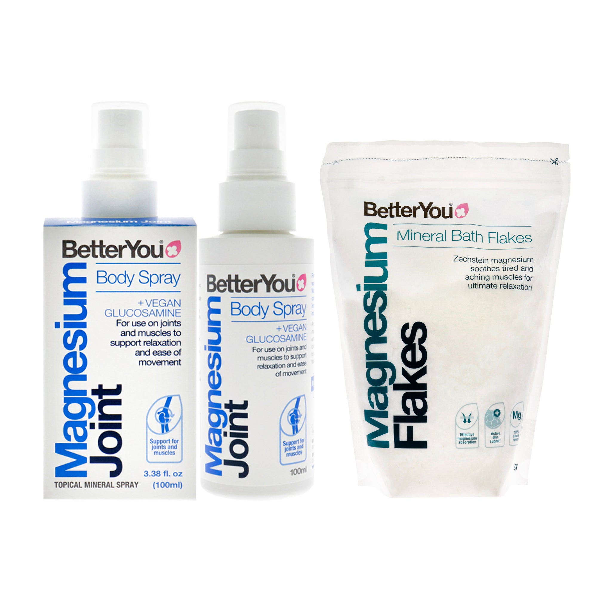 BY Joint Bundle Kit by BetterYou for Unisex - 2 Pc Kit 35.2oz Magnesium Flakes Bath Salt, 3.38oz Magnesium Joint Body Spray