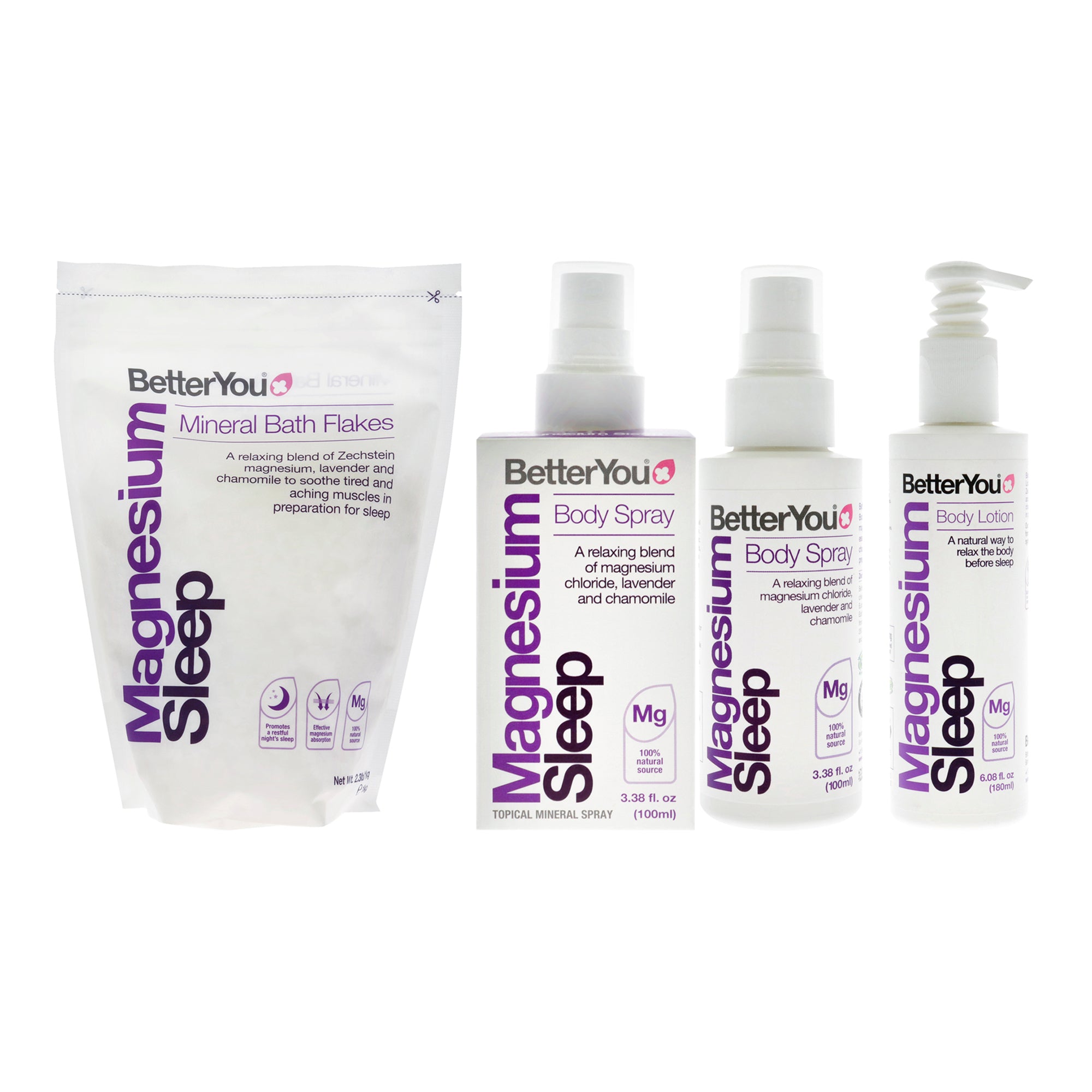 BY Adult Sleep Bundle Kit by BetterYou for Unisex - 3 Pc Kit 35.2oz Magnesium Sleep Bath Salt, 6.08oz Magnesium Sleep Body Lotion, 3.38oz Magnesium Sleep Body Spray