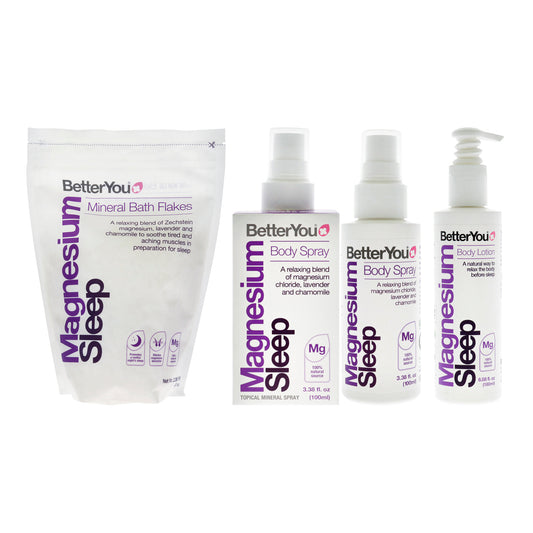 BY Adult Sleep Bundle Kit by BetterYou for Unisex - 3 Pc Kit 35.2oz Magnesium Sleep Bath Salt, 6.08oz Magnesium Sleep Body Lotion, 3.38oz Magnesium Sleep Body Spray