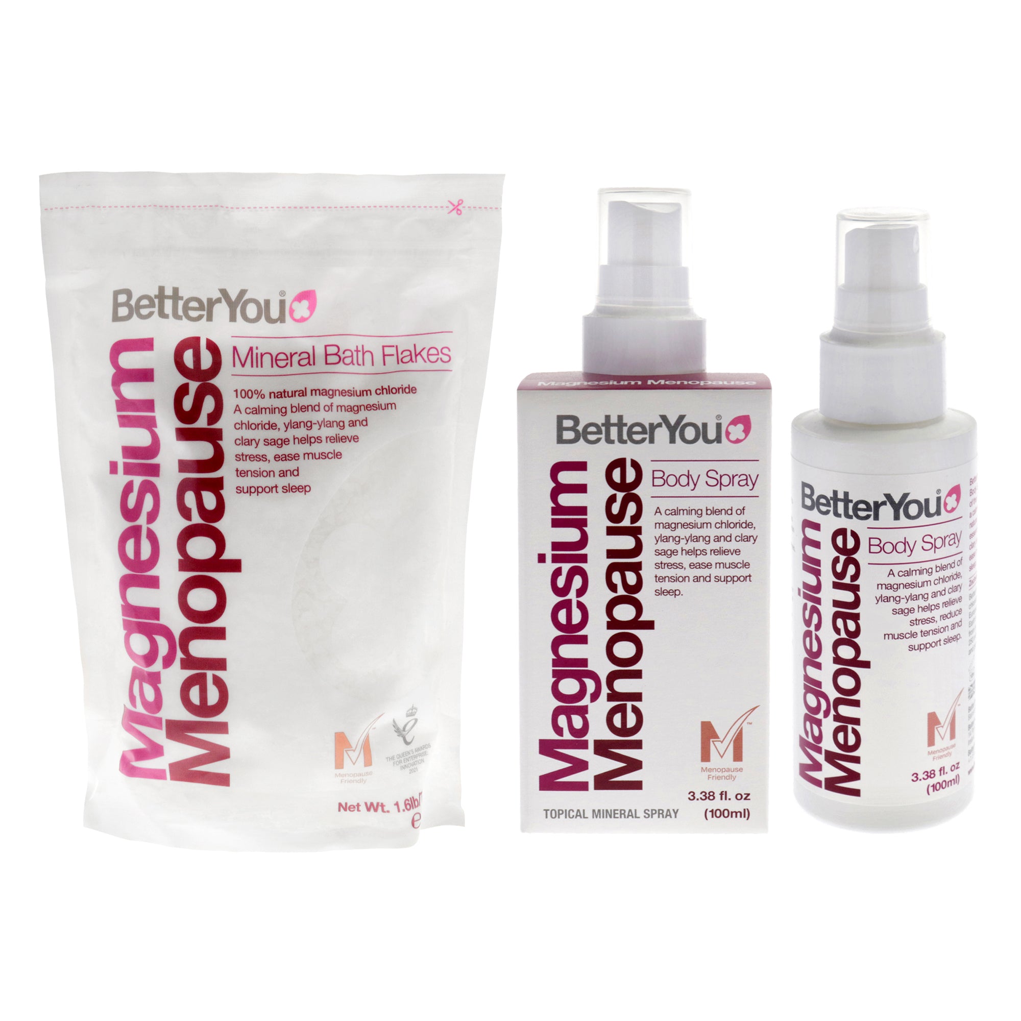 BY Menopause Bundle Kit by BetterYou for Women - 2 Pc Kit 3.38oz Menopause Body Spray, 26.4oz Menopause Mineral Bath Flakes