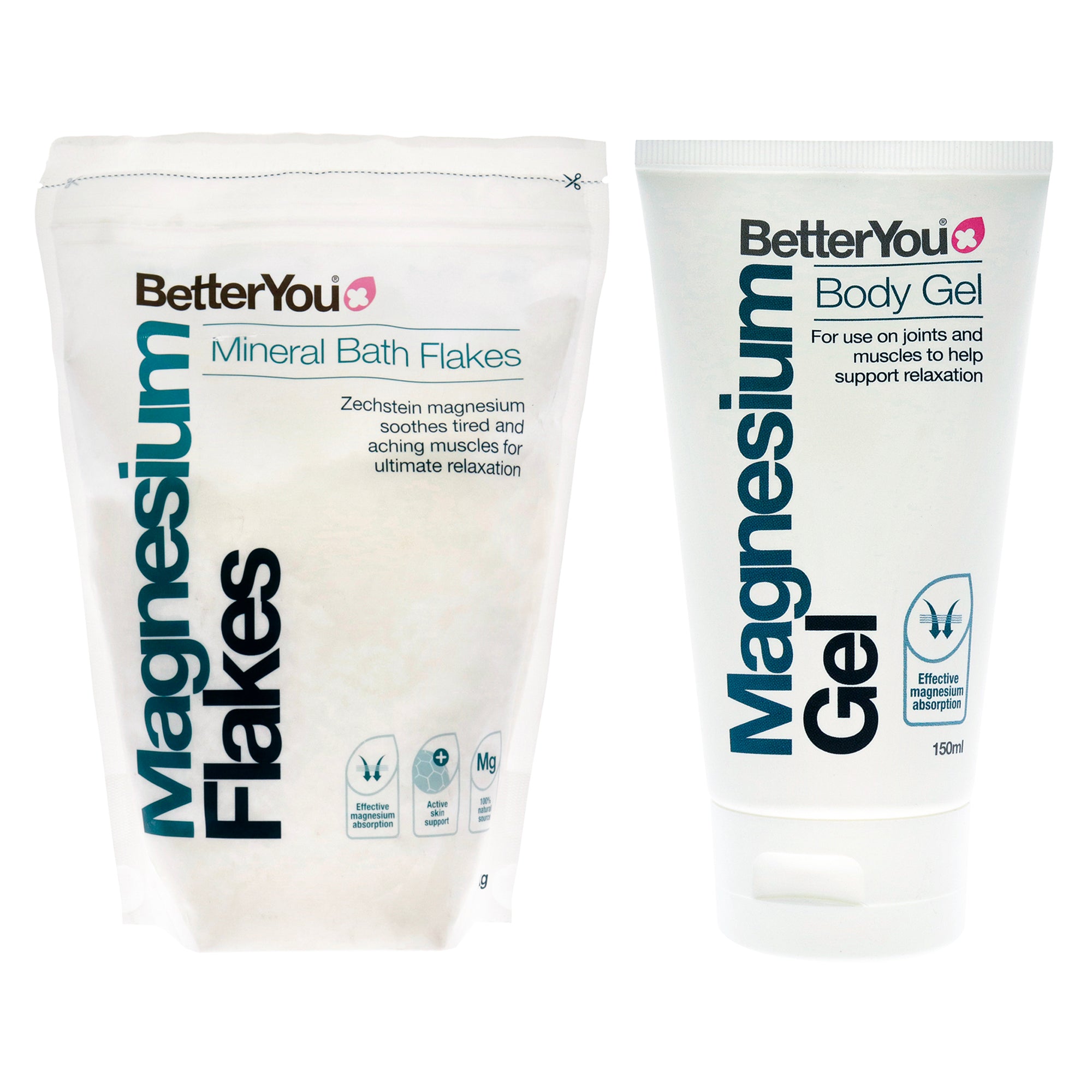 BY Original Flakes with Gel Bundle Kit by BetterYou for Unisex - 2 Pc Kit 35.2oz Magnesium Flakes Bath Salt, 5.07oz Magnesium Body Gel