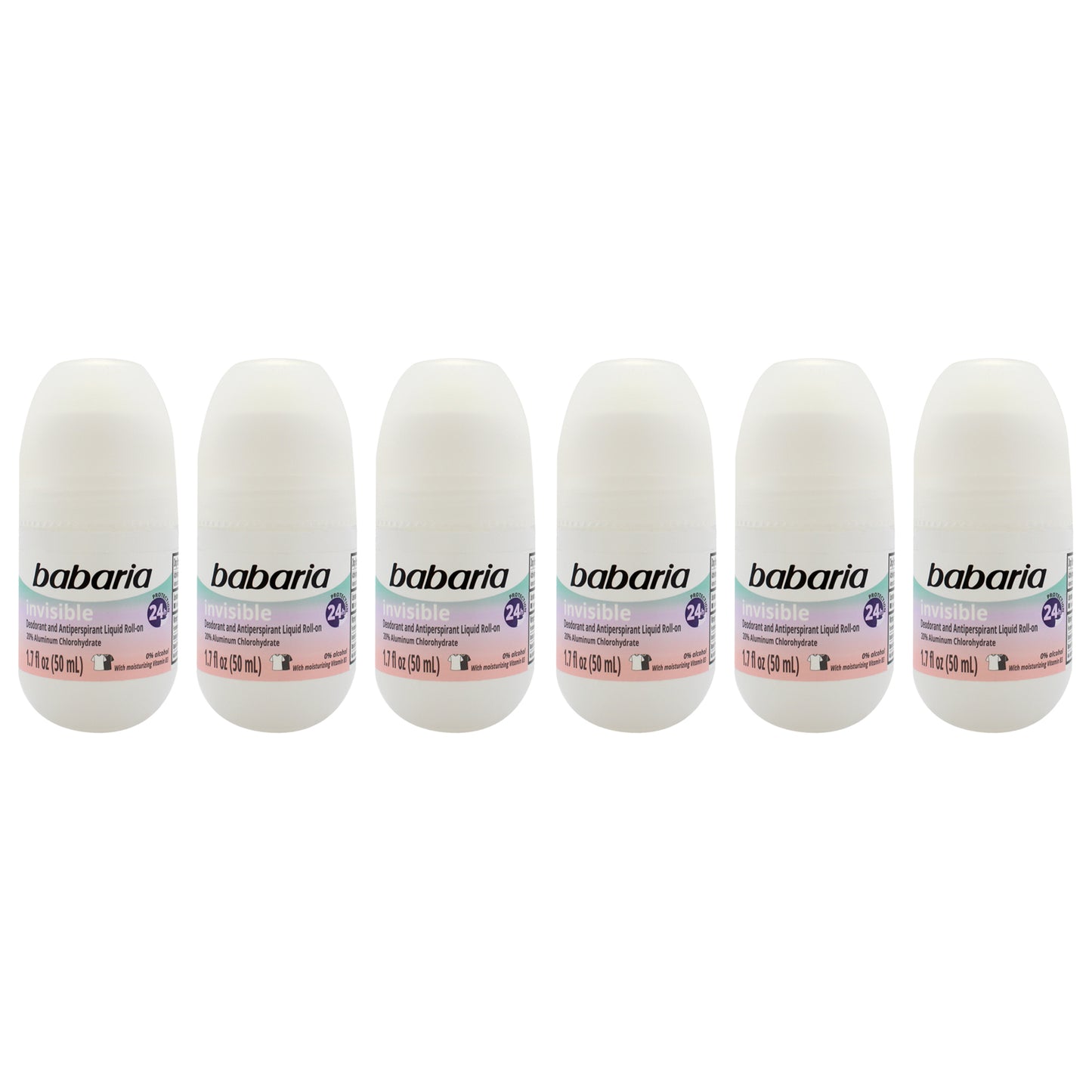 Invisible 24H Protection Deodorant and Antiperpirant by Babaria for Women - 1.7 oz Deodorant Roll-On - Pack of 6