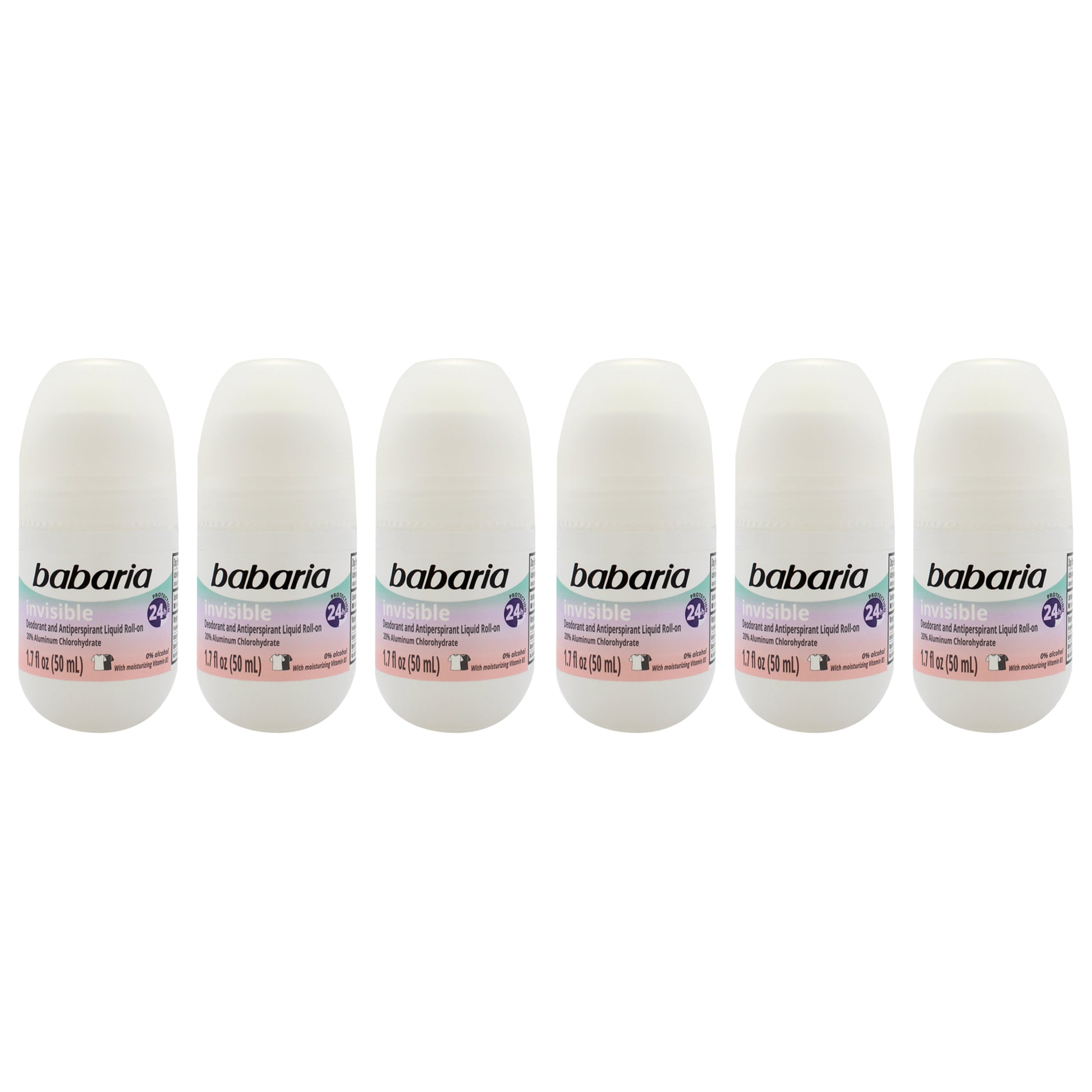 Invisible 24H Protection Deodorant and Antiperpirant by Babaria for Women - 1.7 oz Deodorant Roll-On - Pack of 6