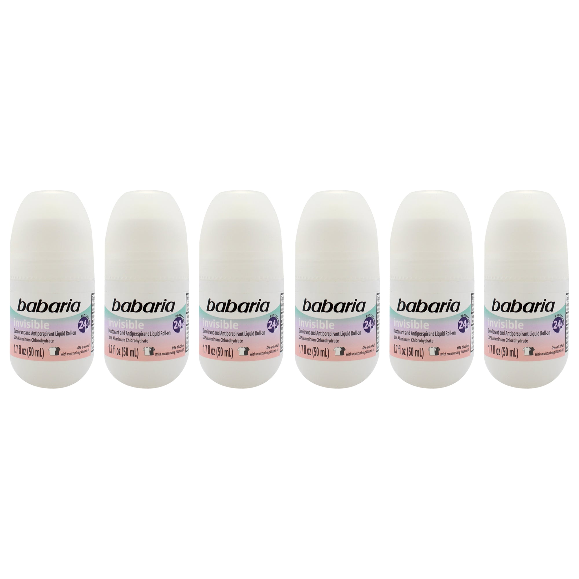 Invisible 24H Protection Deodorant and Antiperpirant by Babaria for Women - 1.7 oz Deodorant Roll-On - Pack of 6