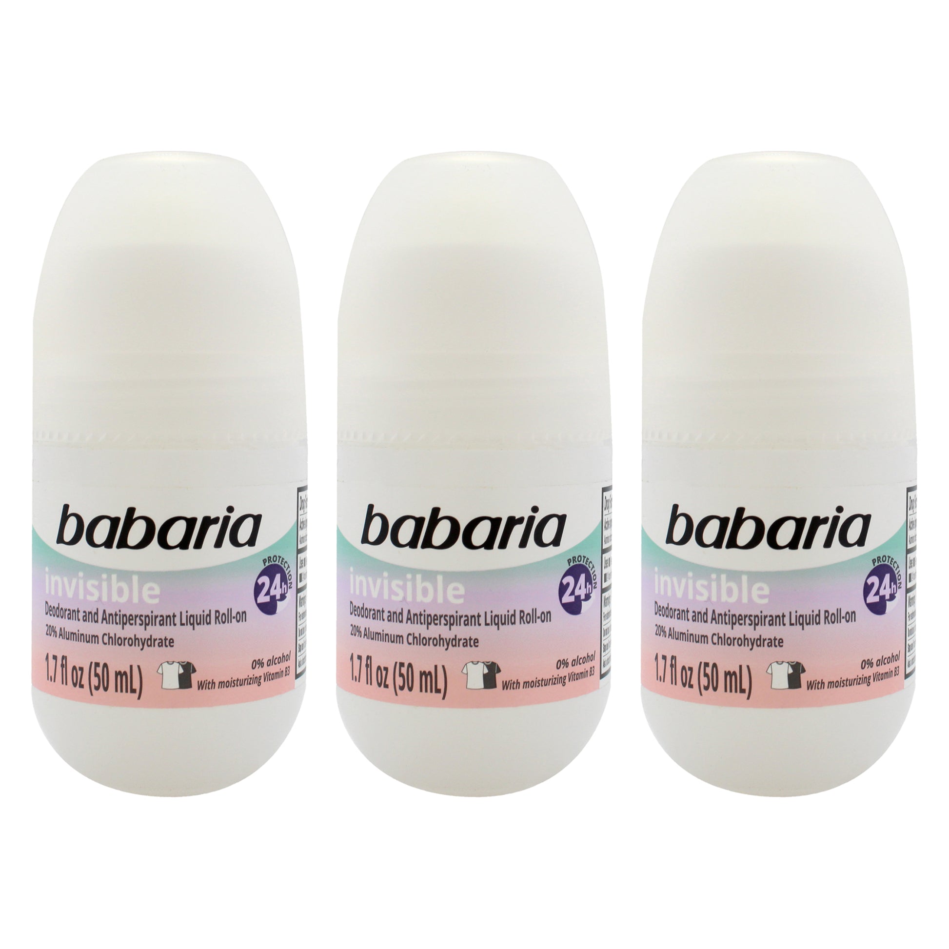 Invisible 24H Protection Deodorant and Antiperpirant by Babaria for Women - 1.7 oz Deodorant Roll-On - Pack of 3