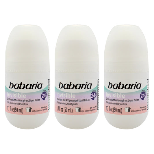 Invisible 24H Protection Deodorant and Antiperpirant by Babaria for Women - 1.7 oz Deodorant Roll-On - Pack of 3